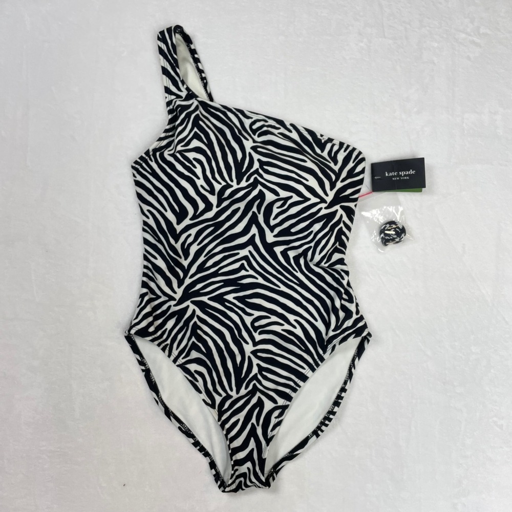 Kate Spade One Shoulder Swimsuit Womens Medium Black White Zebra NWT S2A396A